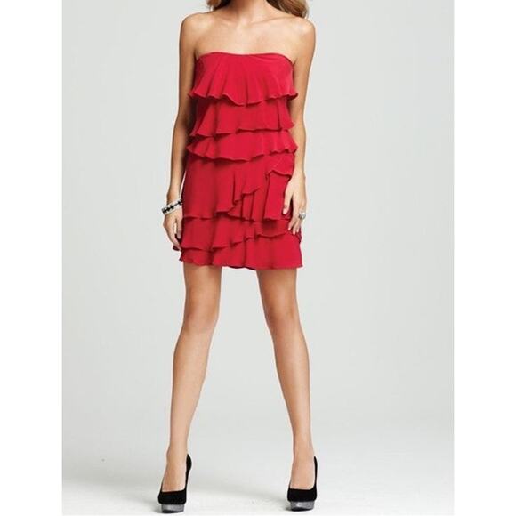 BCBGMaxazria Dress Women's 6 Ginger Ruffled Tiered Strapless Silk Red Wine - Picture 1 of 12